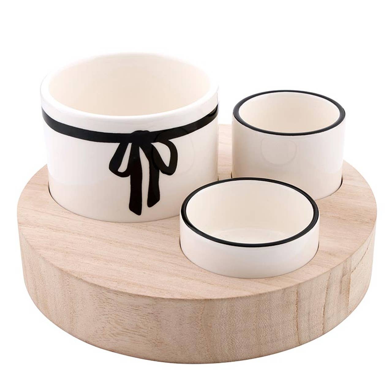 Black Bow Trio Ceramic Bowls With Wood Base