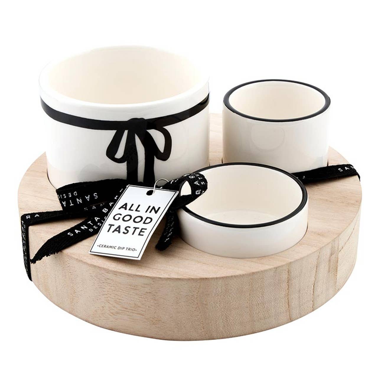 Black Bow Trio Ceramic Bowls With Wood Base