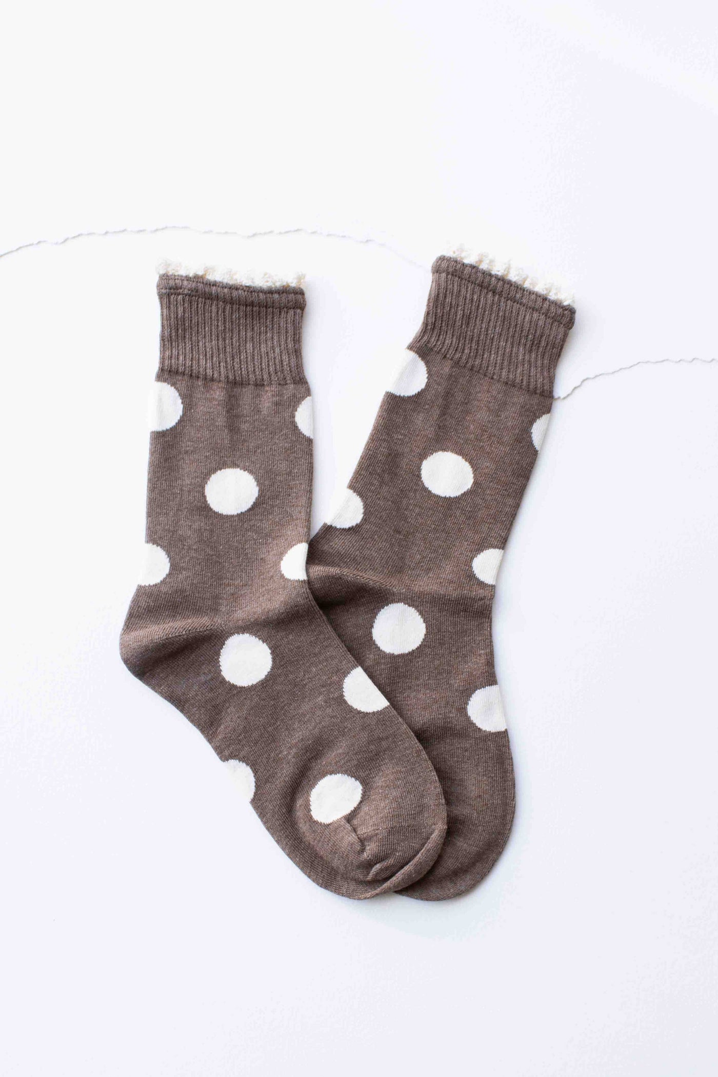Mocha Polka Dot Ruffle Trim Crew Socks