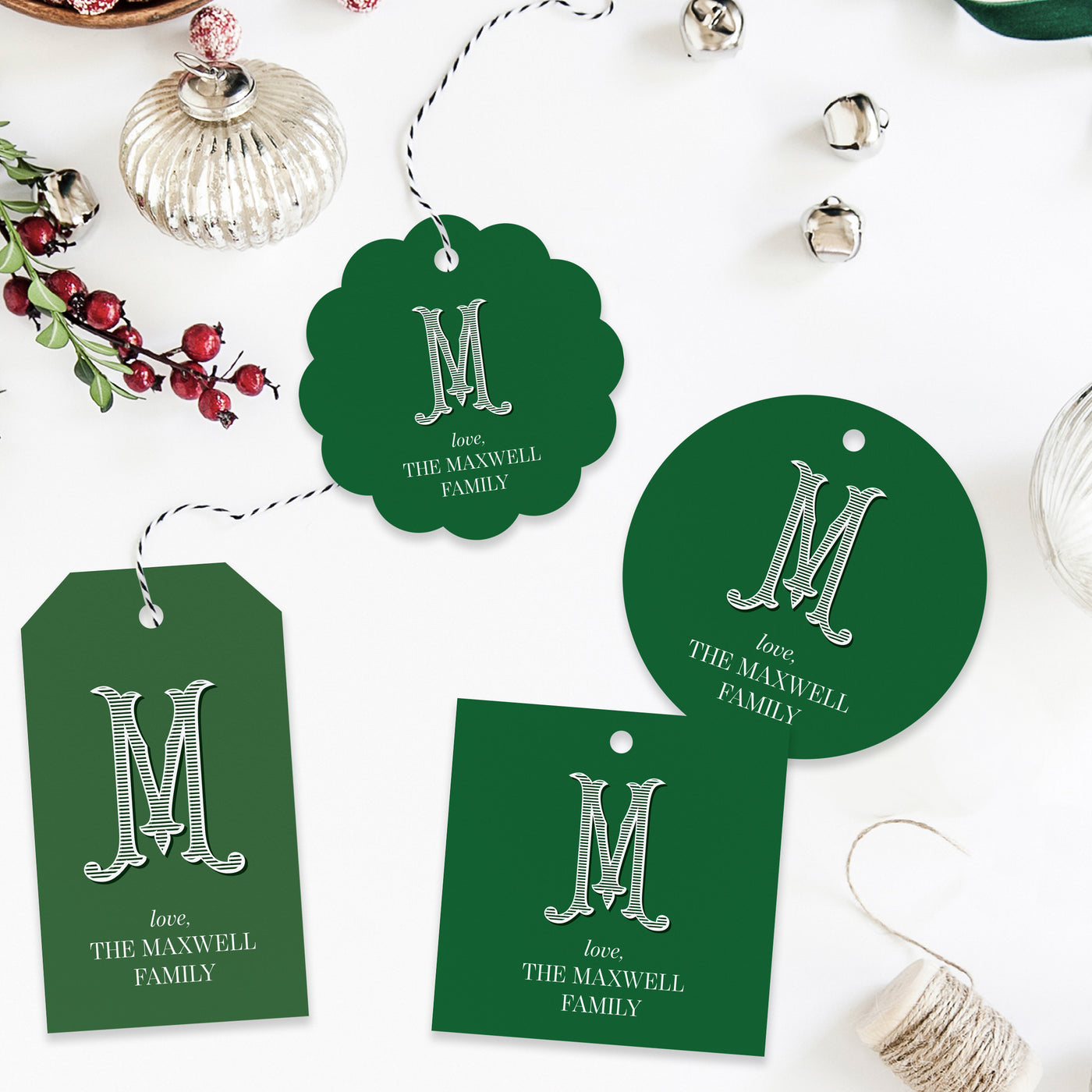Vintage Monogram Green Holiday Gift Tag
