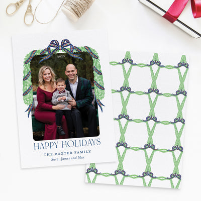 Navy Tartan Ribbon with Greenery Custom Photo Card