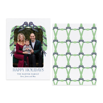 Navy Tartan Ribbon with Greenery Custom Photo Card