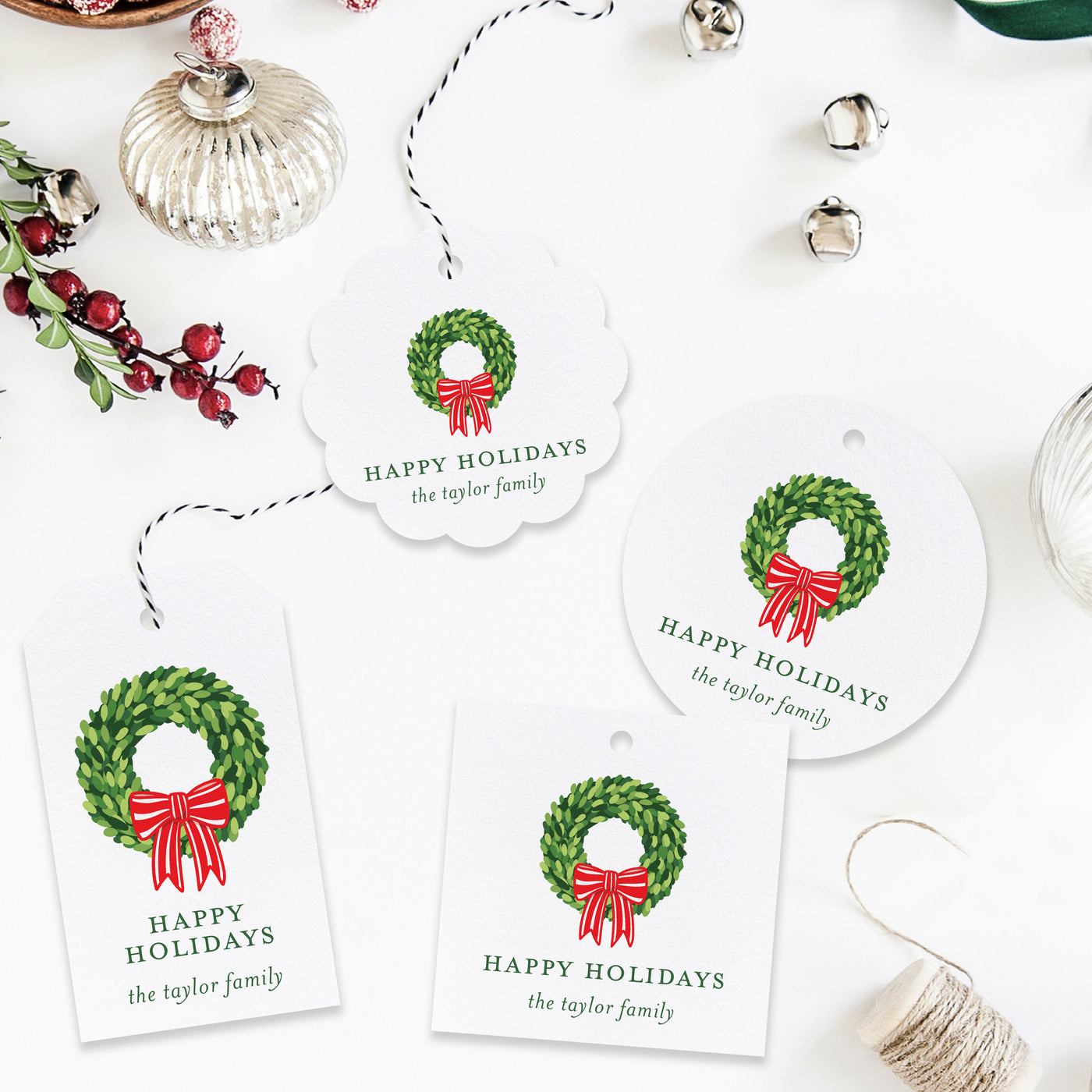 Red Bow Wreath Holiday Gift Tag