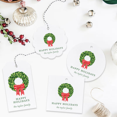 Red Bow Wreath Holiday Gift Tag