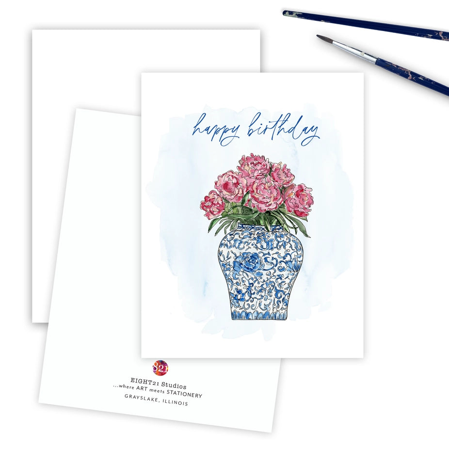 Happy Birthday Card, Ginger Jar with Peonies