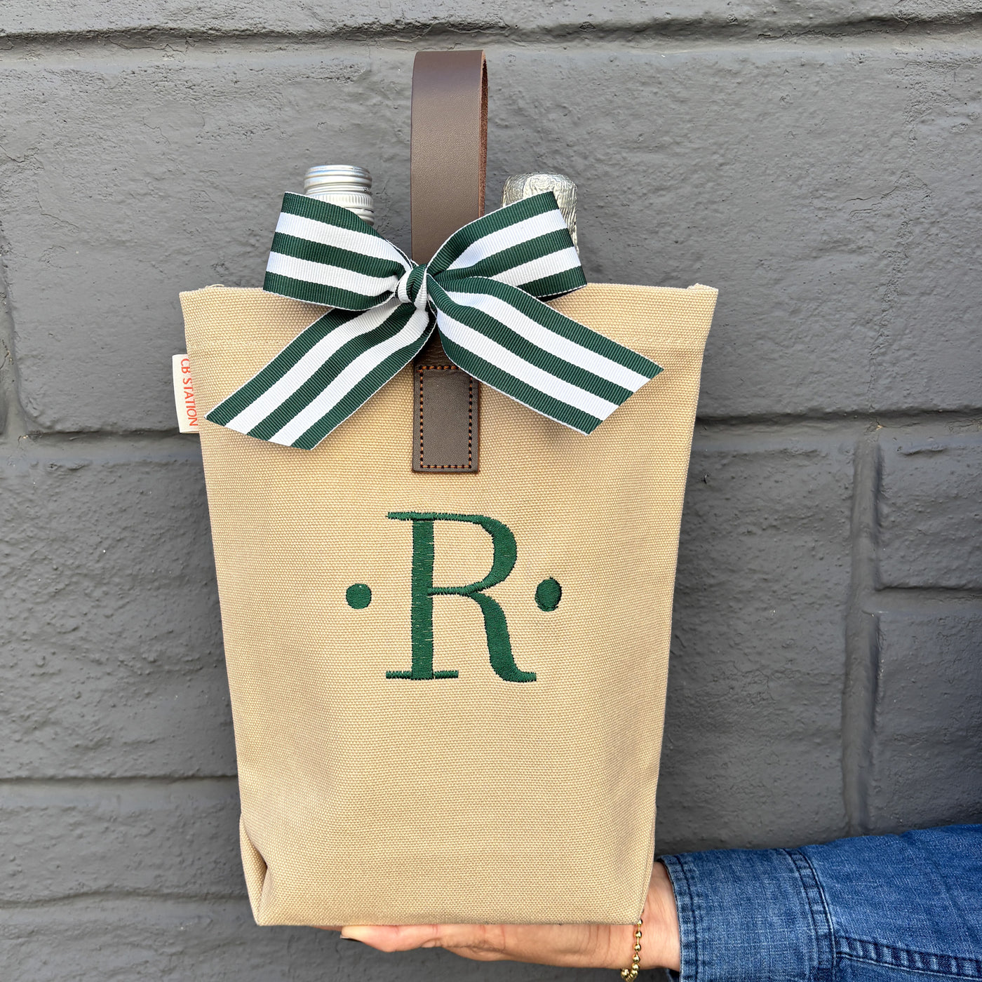 Personalized Wine Bag Monogram Initial with Dots in Hunter