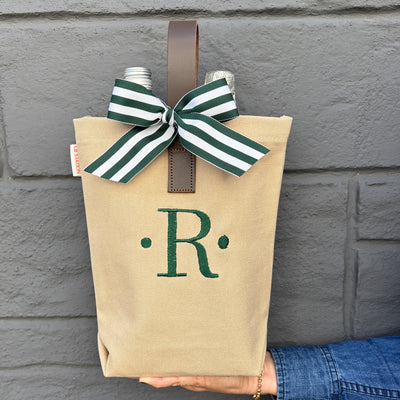 Personalized Wine Bag Monogram Initial with Dots in Hunter