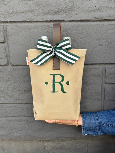 Personalized Wine Bag Monogram Initial with Dots in Hunter