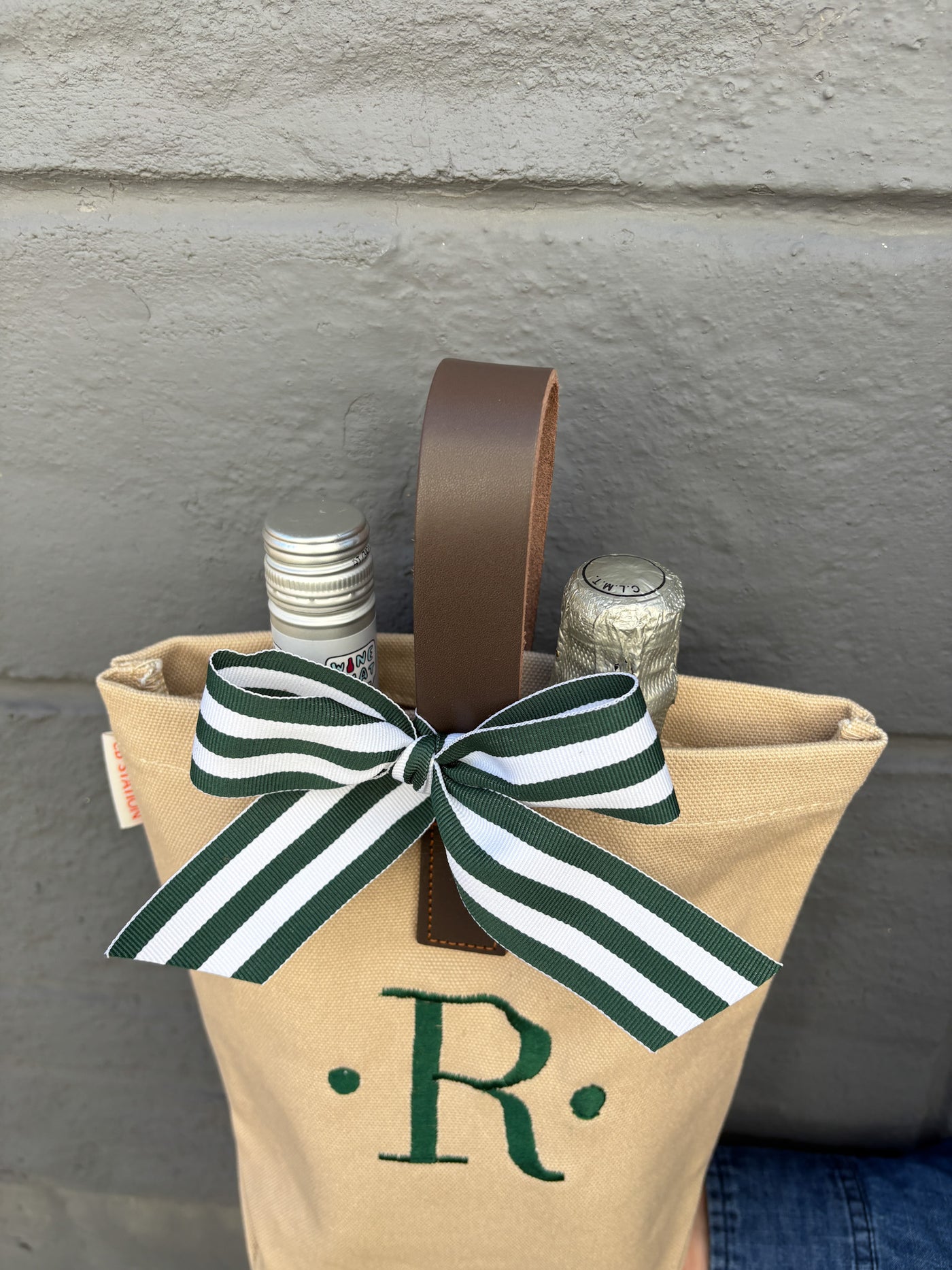 Personalized Wine Bag Monogram Initial with Dots in Hunter