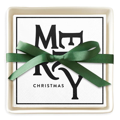 Ceramic Napkin Tray + Napkins - Merry Christmas