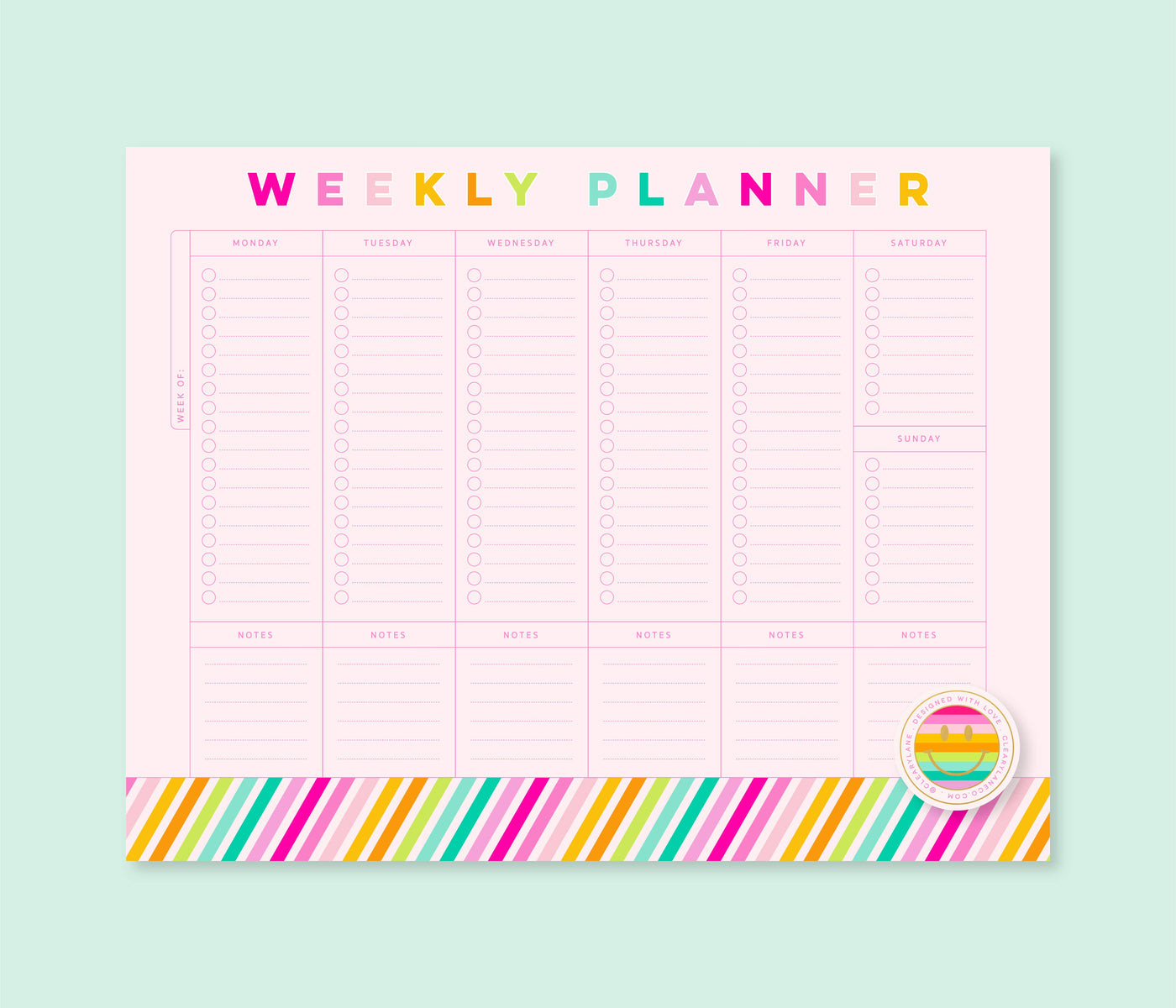 Weekly Planner Notepad with Rainbow Stripes, 8.5"x11"