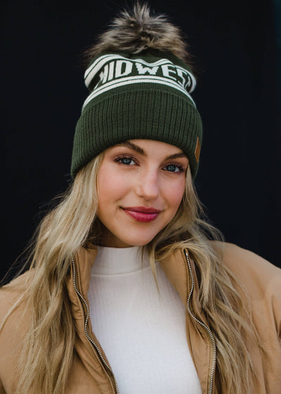 Olive & Beige Midwest Pom Hat