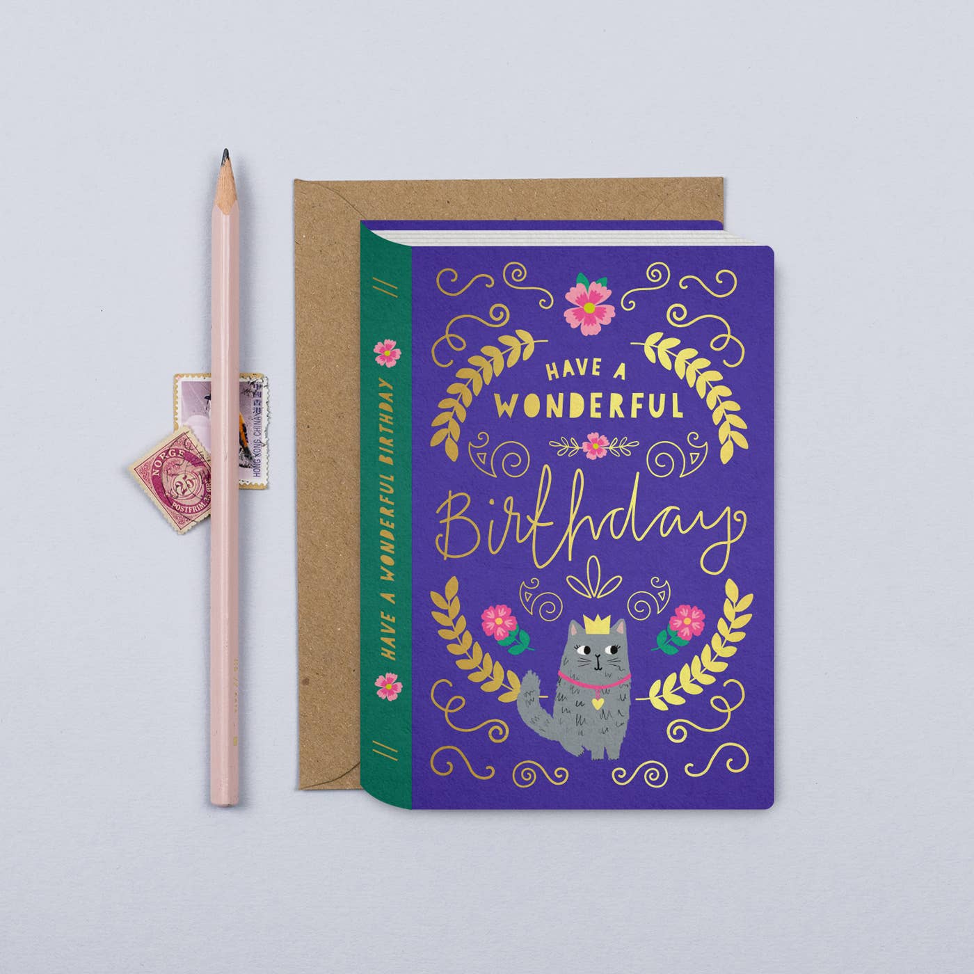 Cat Book Cover Birthday Card | Luxury Gold Foil Card