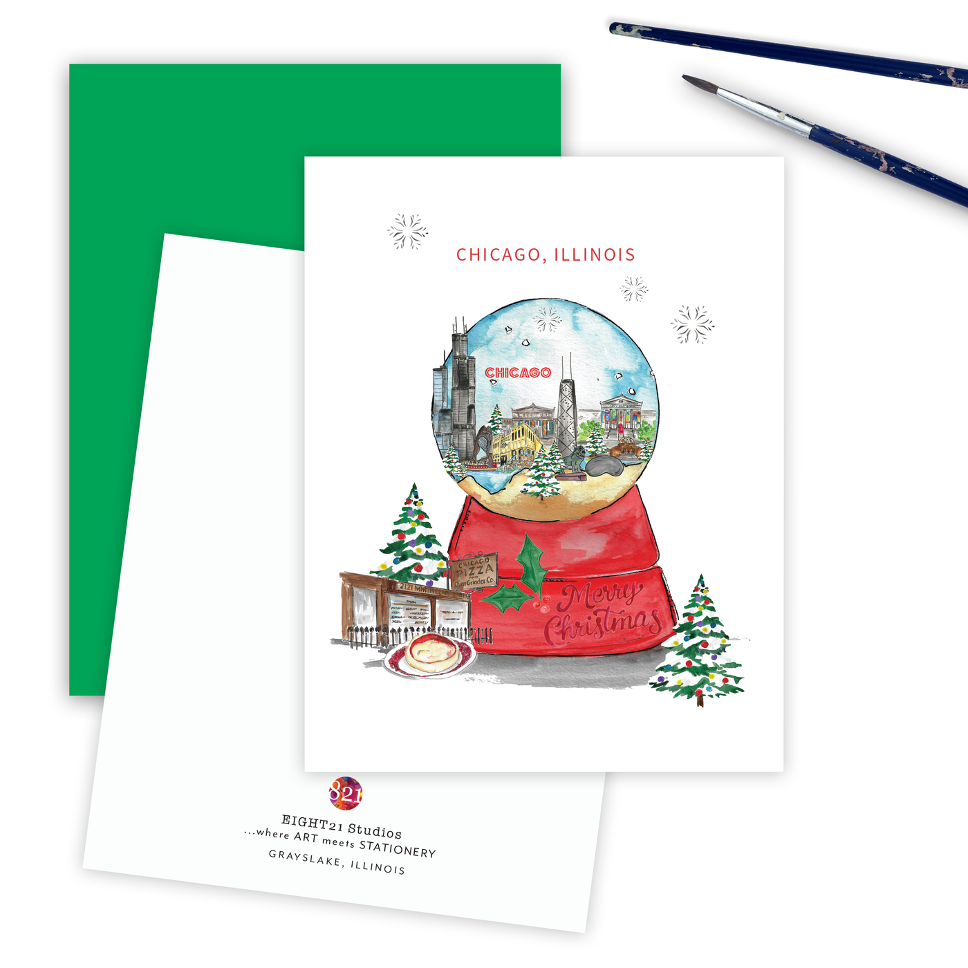 Chicago Skyline City Snow Globe Christmas Greeting Card