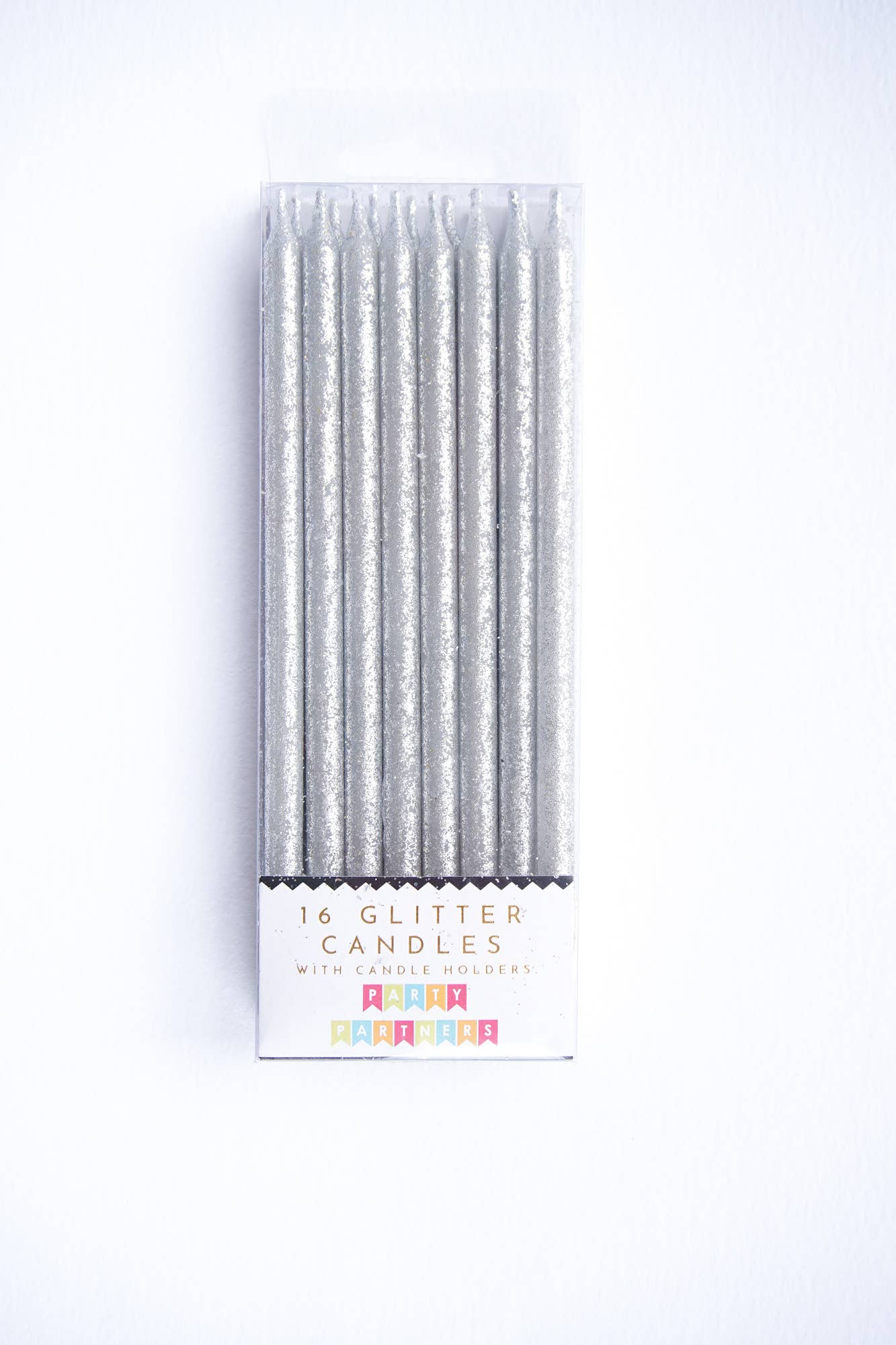 Tall Solid Silver Glitter Candles Set
