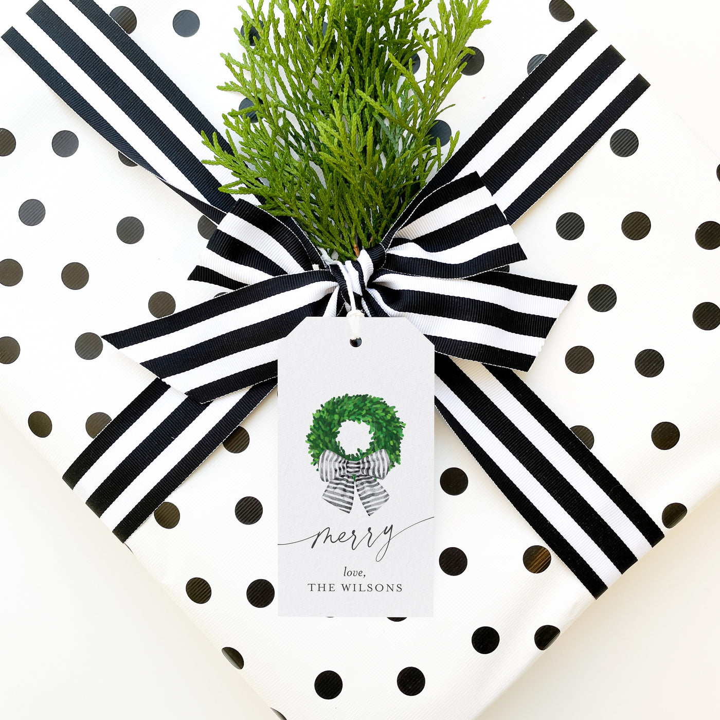 Merry Boxwood Wreath Personalized Gift Tag
